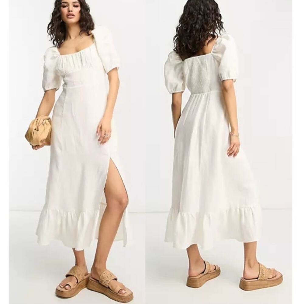 NWT & Other Stories Linen Puff Sleeve Midi Dress With Split White Dusty Womens 4